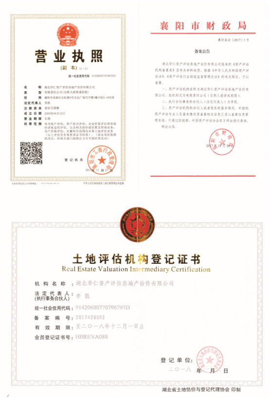 華仁資產(chǎn)評估房地產(chǎn)估價有限公司營業(yè)執(zhí)照、資產(chǎn)評估備案公告、土地評估機構登記證書.jpg